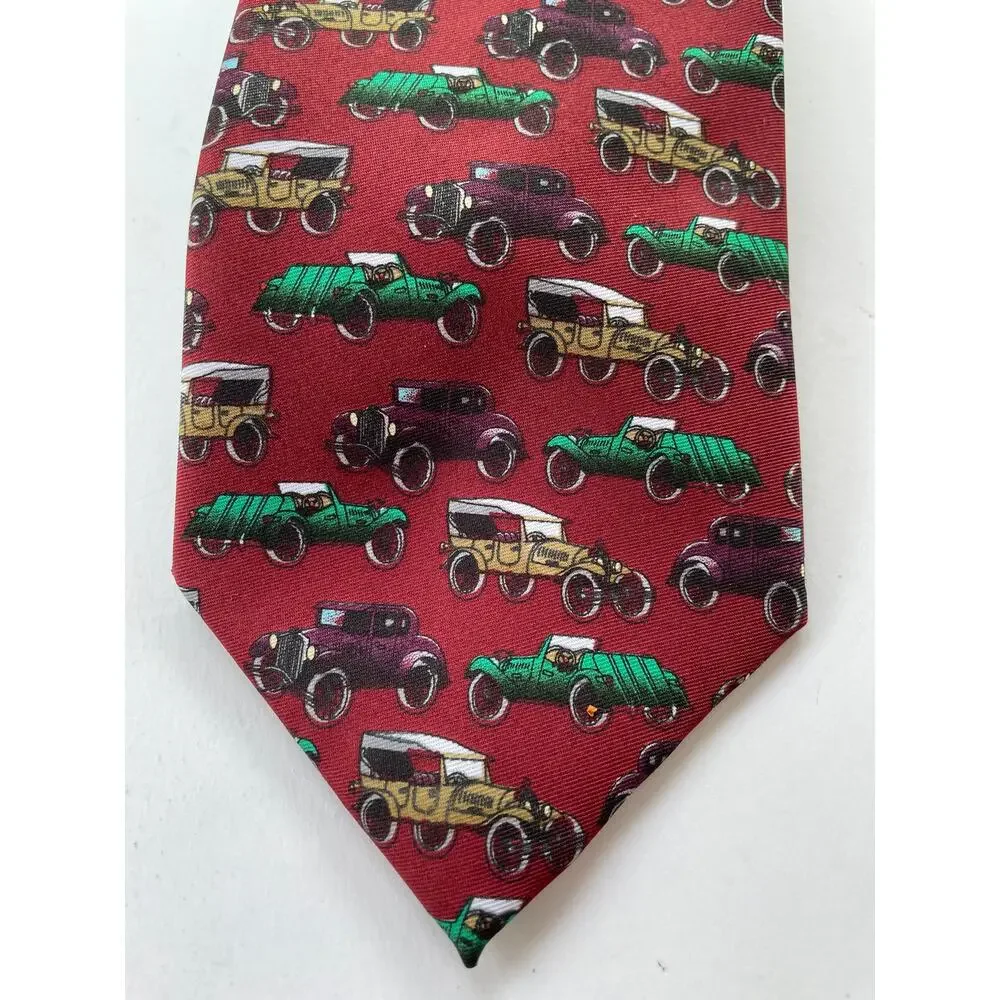 Handmade Vintage Cars Necktie Antique Vehicles Red Green Tan Rayon Retro